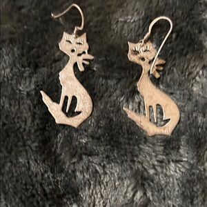 Cat Silhouette Drop Earrings - Silver Tone